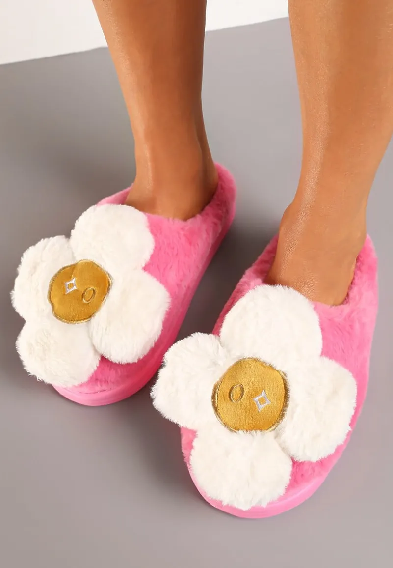 Różowe Płaskie Kapcie z Aplikacją Kwiatka 3D Temisia