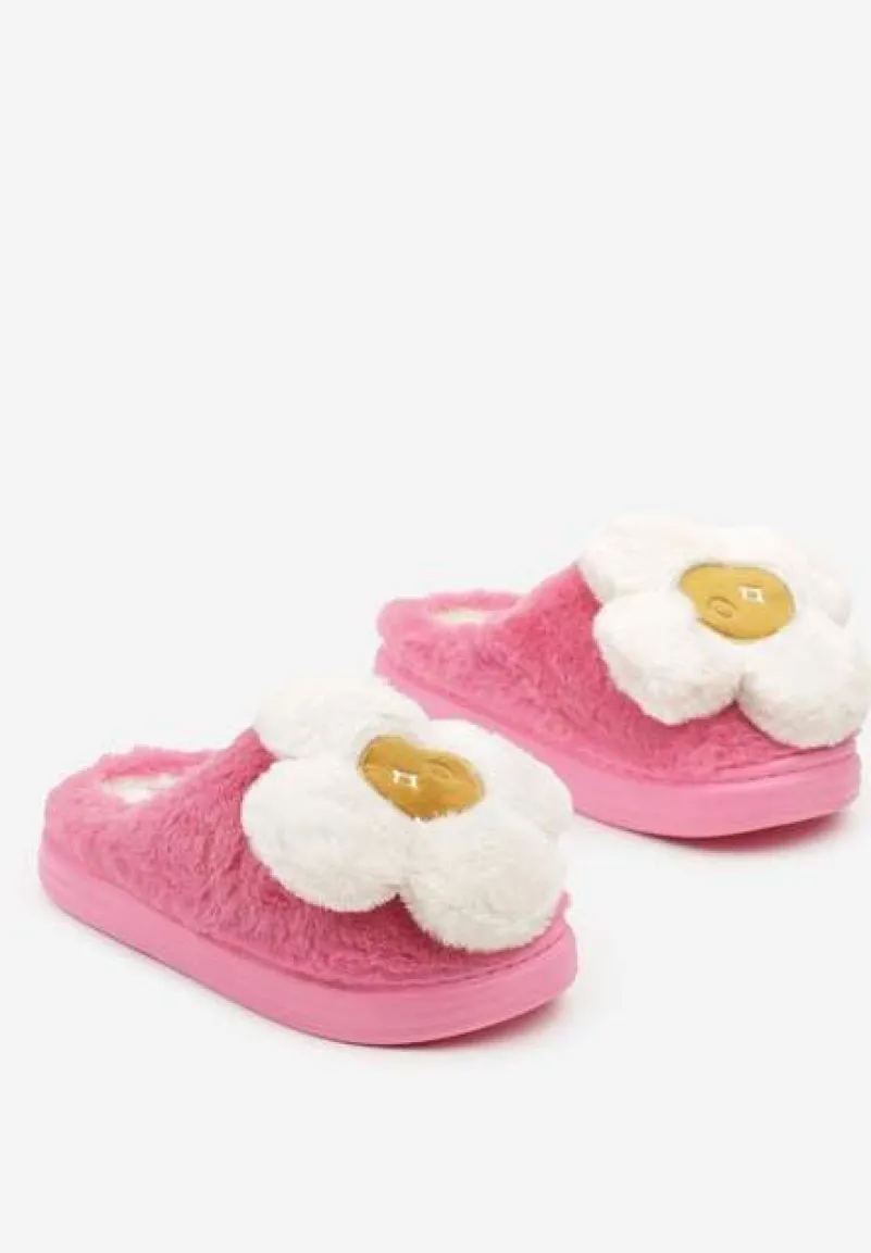 Różowe Płaskie Kapcie z Aplikacją Kwiatka 3D Temisia