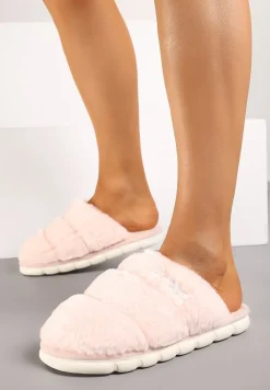 Różowe Płaskie Pikowane Kapcie Ozdobione Futerkiem Learial