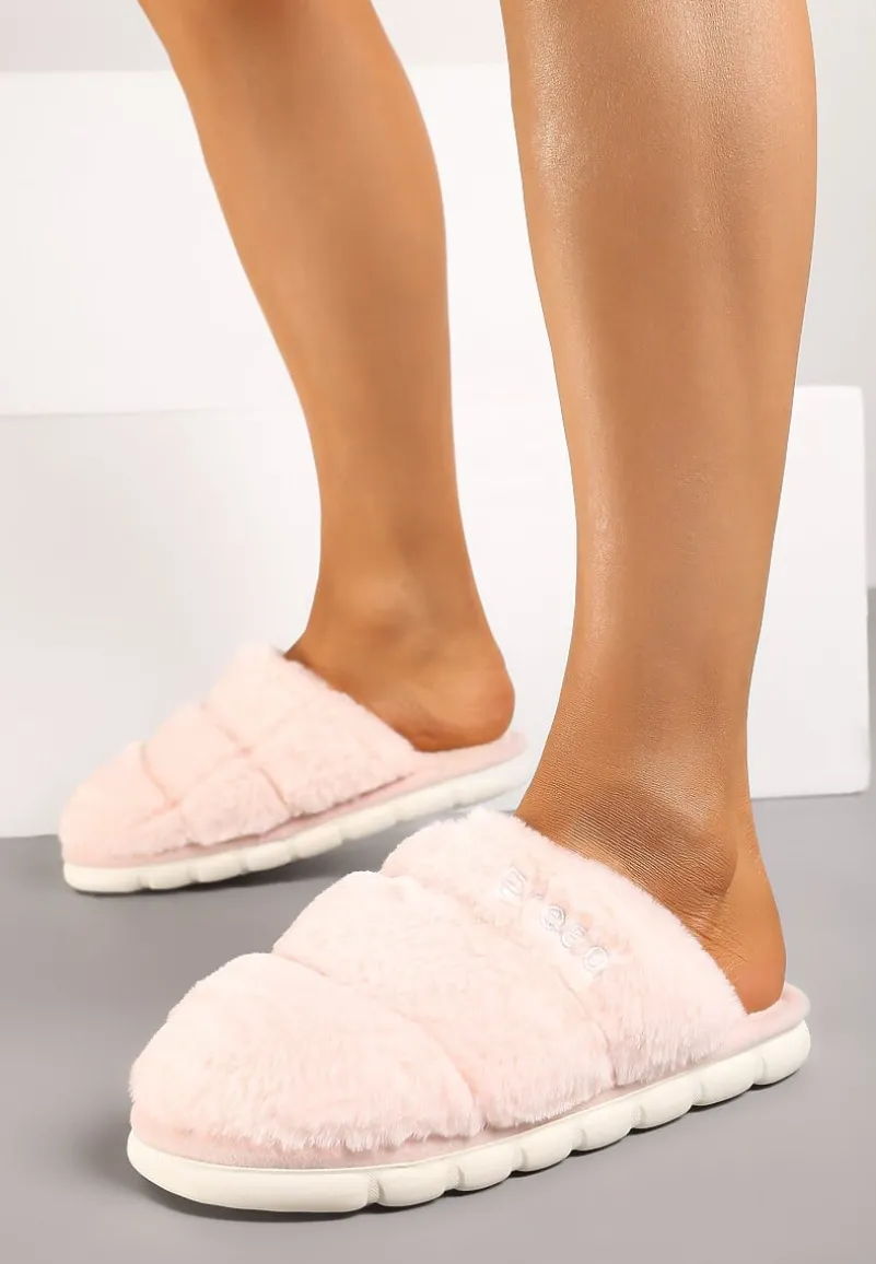 Różowe Płaskie Pikowane Kapcie Ozdobione Futerkiem Learial