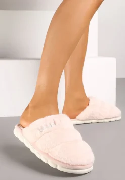 Różowe Płaskie Pikowane Kapcie Ozdobione Futerkiem Learial