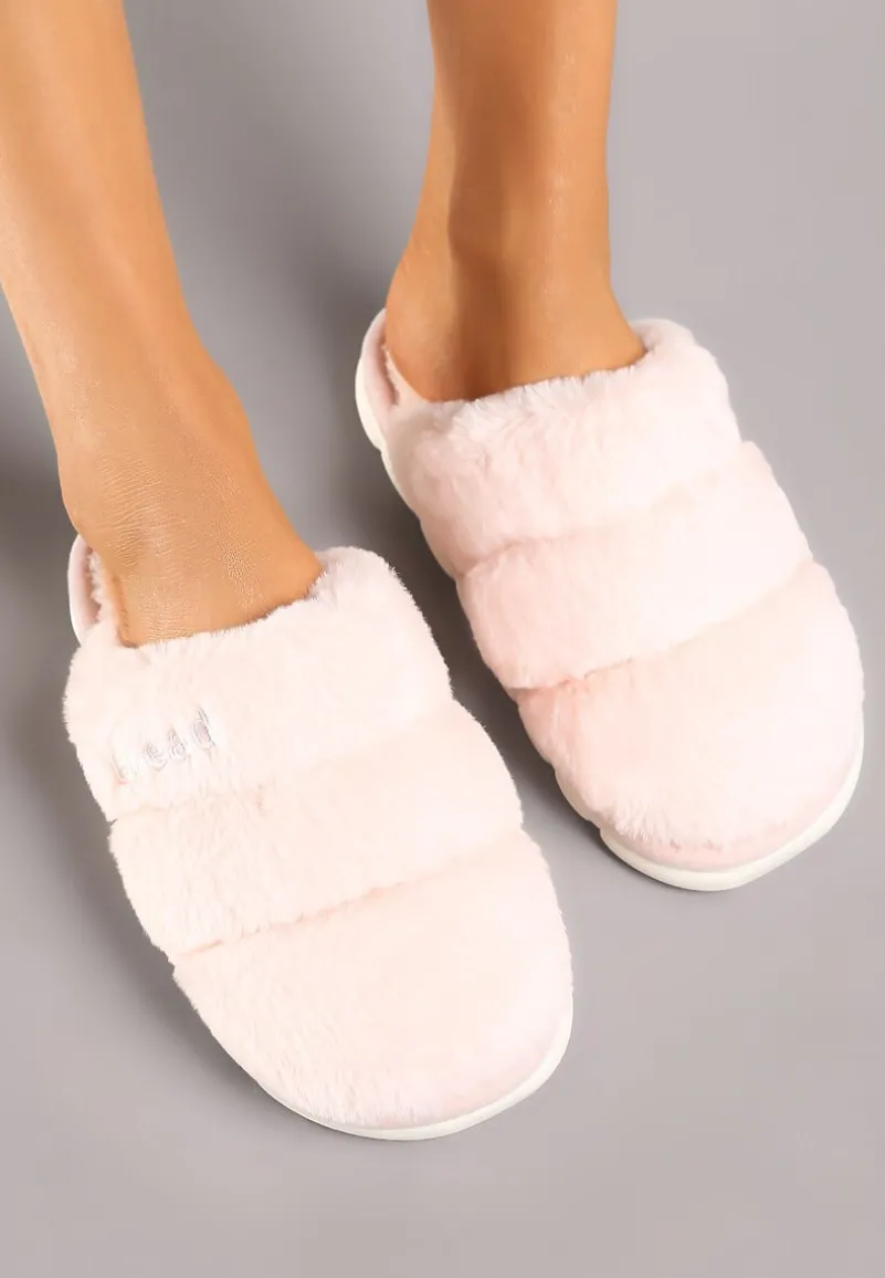 Różowe Płaskie Pikowane Kapcie Ozdobione Futerkiem Learial