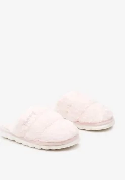 Różowe Płaskie Pikowane Kapcie Ozdobione Futerkiem Learial