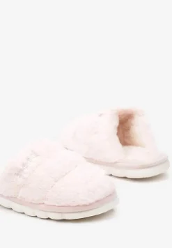 Różowe Płaskie Pikowane Kapcie Ozdobione Futerkiem Learial