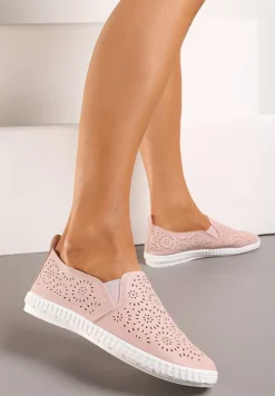 Różowe Płaskie Tenisówki z Imitacji Skóry o Ażurowym Wykończeniu Riavella