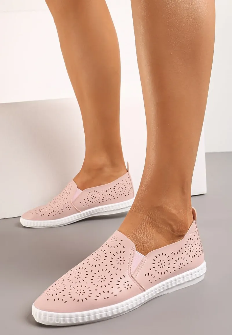 Różowe Płaskie Tenisówki z Imitacji Skóry o Ażurowym Wykończeniu Riavella