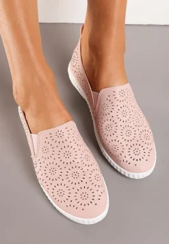 Różowe Płaskie Tenisówki z Imitacji Skóry o Ażurowym Wykończeniu Riavella