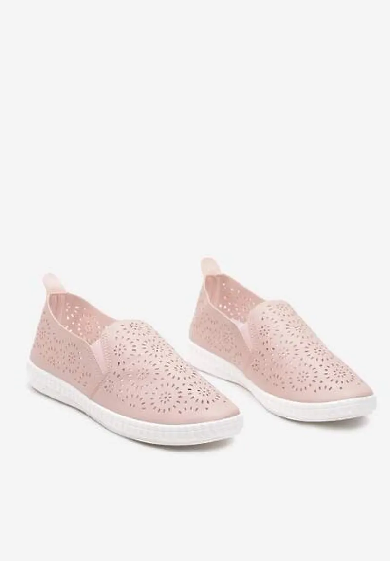 Różowe Płaskie Tenisówki z Imitacji Skóry o Ażurowym Wykończeniu Riavella