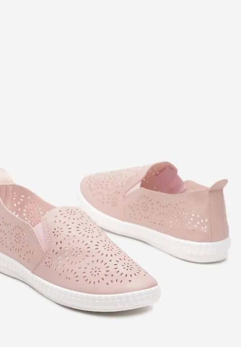 Różowe Płaskie Tenisówki z Imitacji Skóry o Ażurowym Wykończeniu Riavella