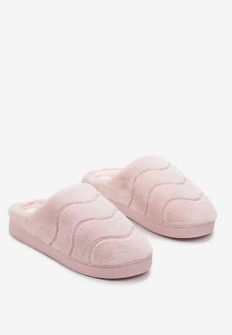 Różowe Płaskie Wsuwane Kapcie ze Sztucznego Futra Evamita