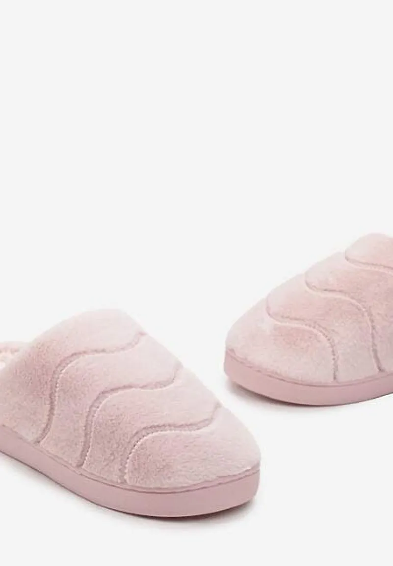 Różowe Płaskie Wsuwane Kapcie ze Sztucznego Futra Evamita