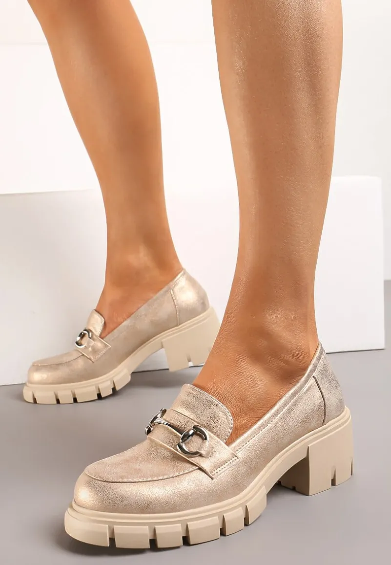 Różowe Półbuty na Słupku i Platformie w Stylu Mokasynów z Metalową i Skórzaną Wkładką Klamrą Volea