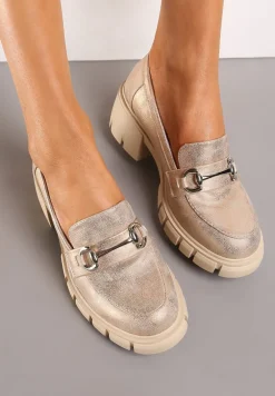 Różowe Półbuty na Słupku i Platformie w Stylu Mokasynów z Metalową i Skórzaną Wkładką Klamrą Volea