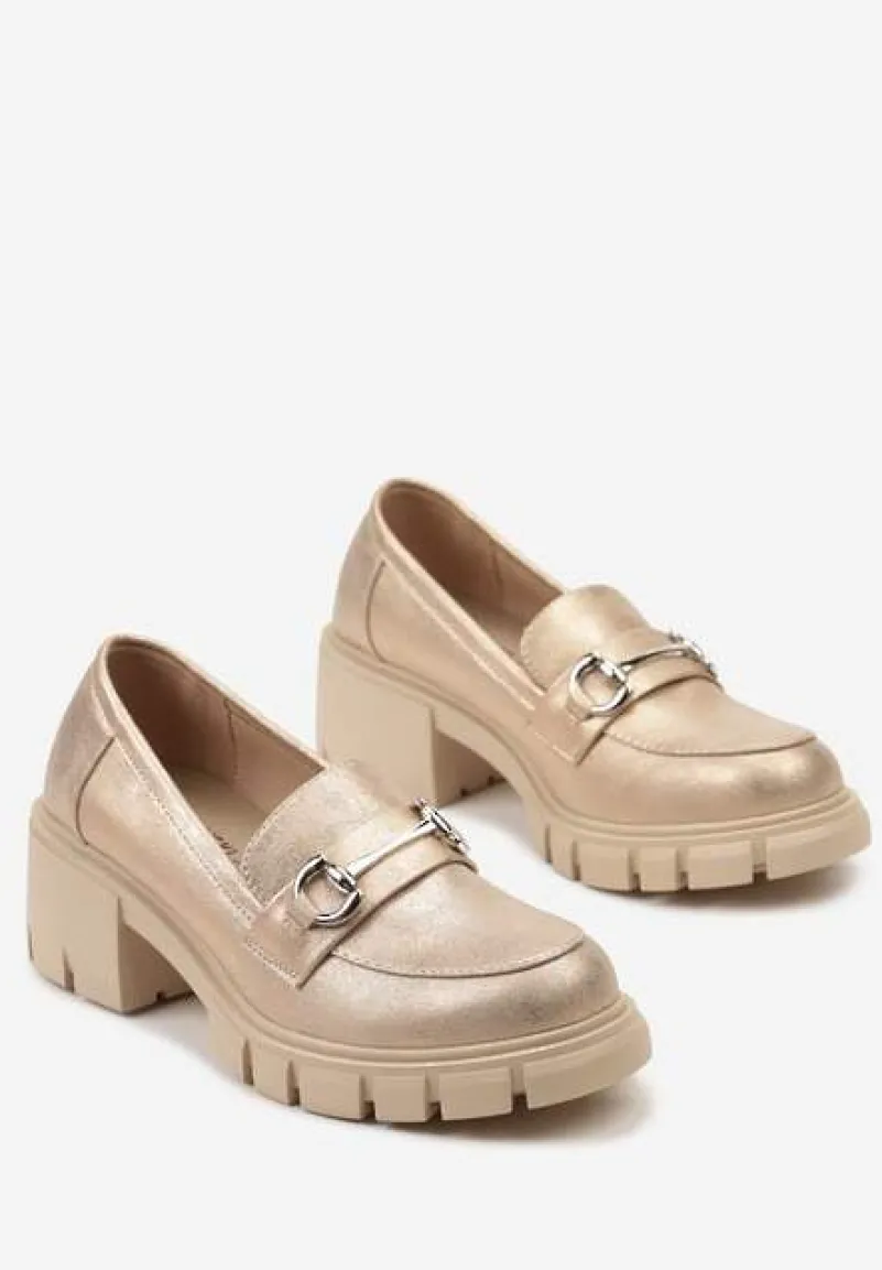 Różowe Półbuty na Słupku i Platformie w Stylu Mokasynów z Metalową i Skórzaną Wkładką Klamrą Volea