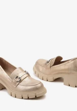 Różowe Półbuty na Słupku i Platformie w Stylu Mokasynów z Metalową i Skórzaną Wkładką Klamrą Volea