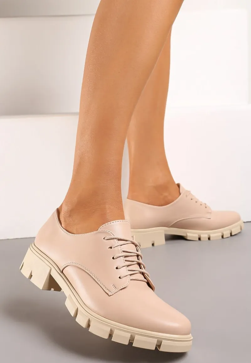 Różowe Półbuty Oksfordki ze Skórzaną Wkładką i Ozdobną Podeszwą Obira