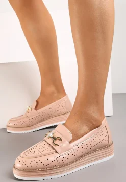 Różowe Półbuty w Stylu Mokasynów na Grubej Podeszwie z Ażurową Cholewką Illthia