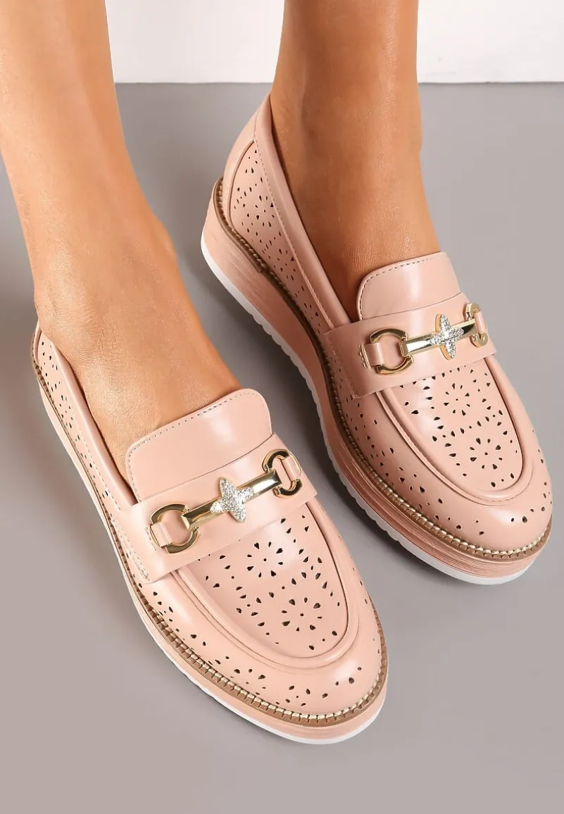 Różowe Półbuty w Stylu Mokasynów na Grubej Podeszwie z Ażurową Cholewką Illthia