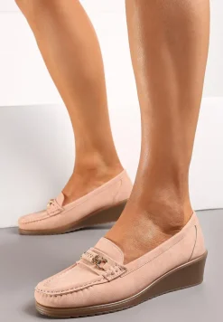 Różowe Półbuty z Ekoskóry z Koturnem i Metalicznym Detalem Fornal