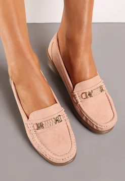 Różowe Półbuty z Ekoskóry z Koturnem i Metalicznym Detalem Fornal