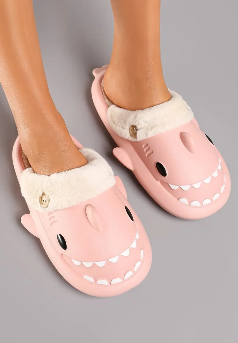 Różowe Piankowe Kapcie o Kształcie Rekina Wyściełane Futerkiem Ciascia