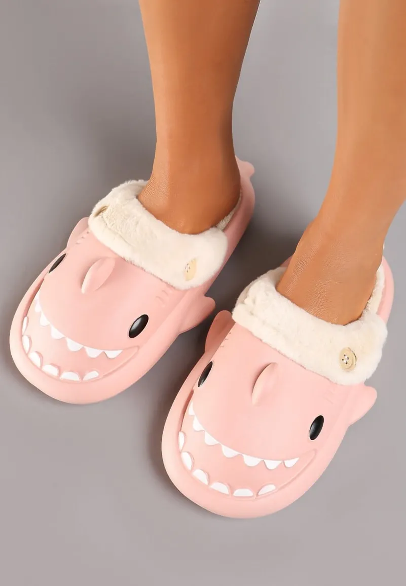 Różowe Piankowe Kapcie o Kształcie Rekina Wyściełane Futerkiem Ciascia