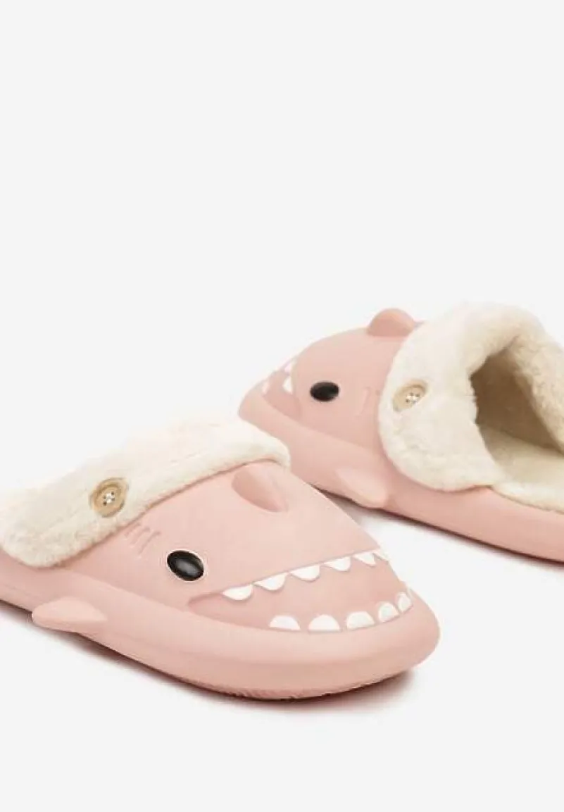 Różowe Piankowe Kapcie o Kształcie Rekina Wyściełane Futerkiem Ciascia
