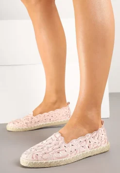 Różowe Plecione Espadryle Vices z Kwiatowym Motywem z Ażurowymi Wycięciami Honavia