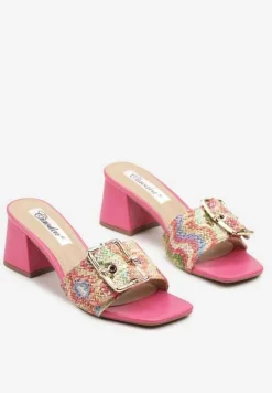 Różowe Plecione Klapki z Ozdobną Klamrą na Słupkowym Obcasie Karreis