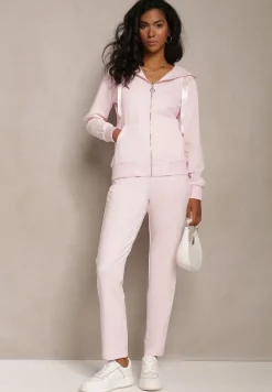 Różowe Proste Spodnie Dresowe z Satynową Tasiemką w Pasie Alnureta
