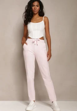 Różowe Proste Spodnie Dresowe z Satynową Tasiemką w Pasie Alnureta