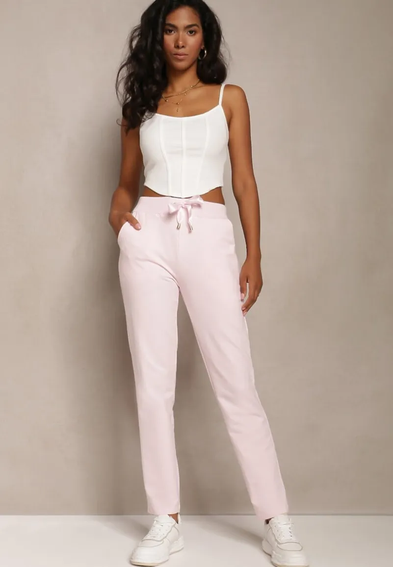 Różowe Proste Spodnie Dresowe z Satynową Tasiemką w Pasie Alnureta