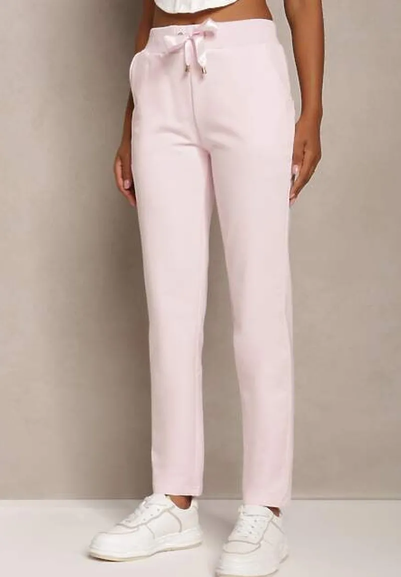 Różowe Proste Spodnie Dresowe z Satynową Tasiemką w Pasie Alnureta