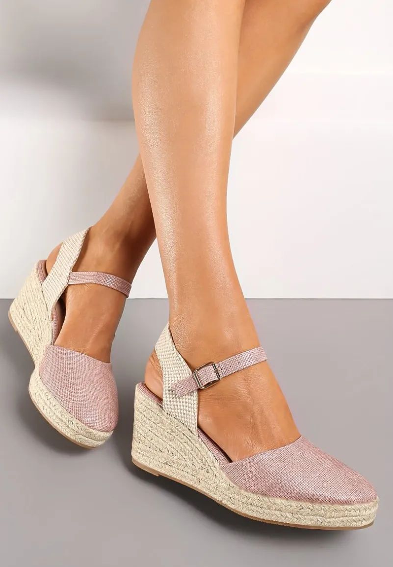 Różowe Sandały na Plecionym Koturnie w Stylu Espadryli z Noskiem z Ekoskóry Beonira
