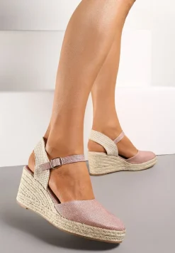Różowe Sandały na Plecionym Koturnie w Stylu Espadryli z Noskiem z Ekoskóry Beonira