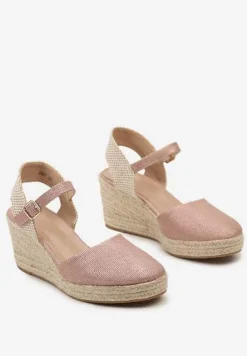 Różowe Sandały na Plecionym Koturnie w Stylu Espadryli z Noskiem z Ekoskóry Beonira