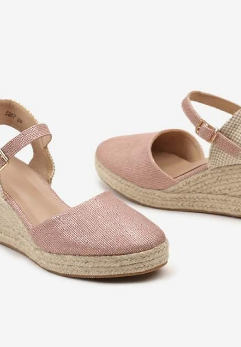 Różowe Sandały na Plecionym Koturnie w Stylu Espadryli z Noskiem z Ekoskóry Beonira