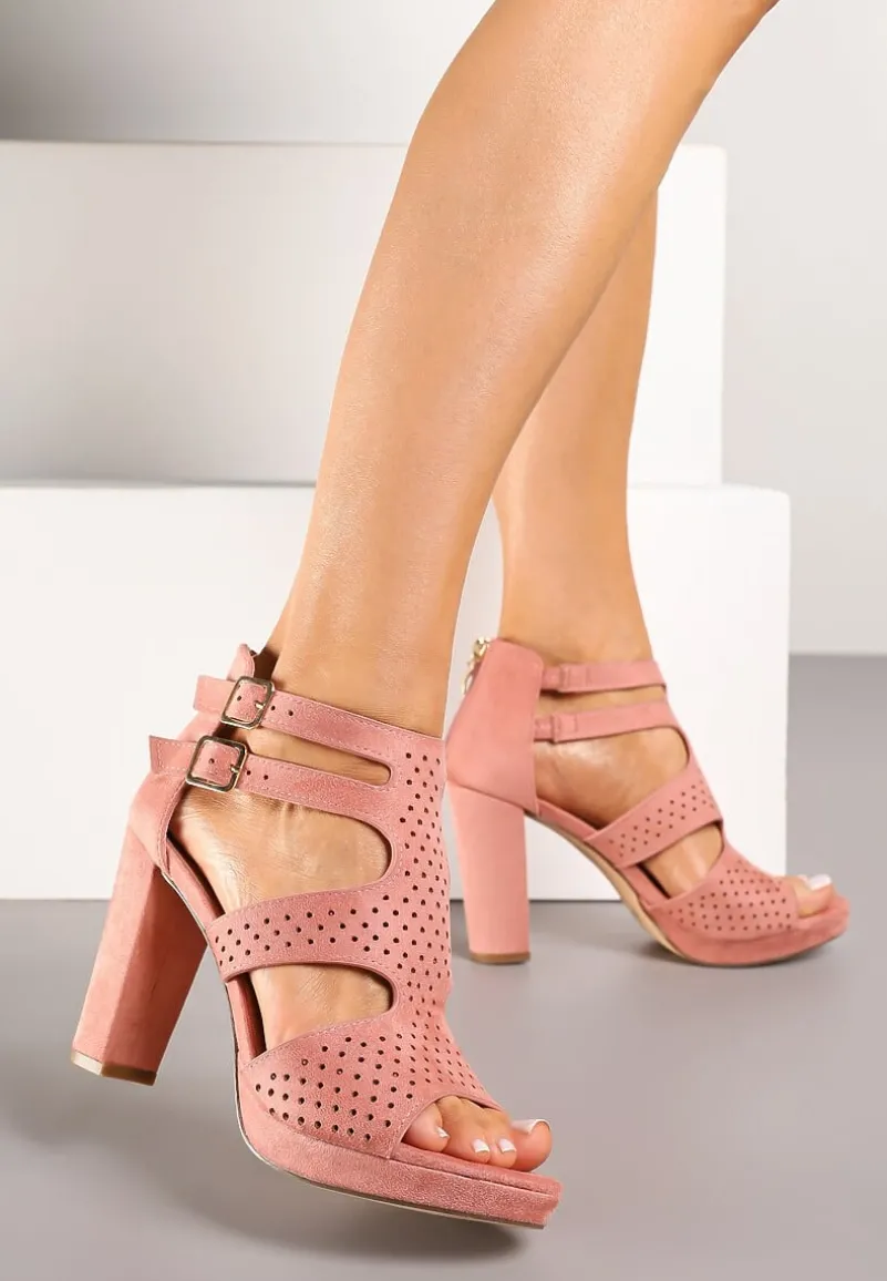 Różowe Sandały na Słupku Vices Ozdobione Wycięciami i Perforacją Firaleia