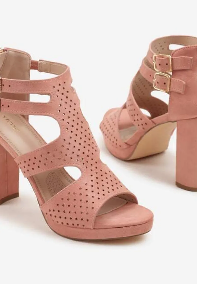Różowe Sandały na Słupku Vices Ozdobione Wycięciami i Perforacją Firaleia