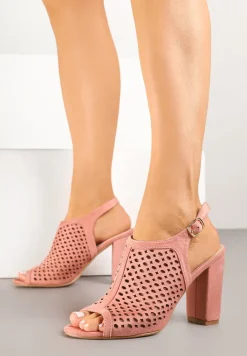 Różowe Sandały na Słupku z Ażurową Cholewką i Skórzaną Wkładką Linalira