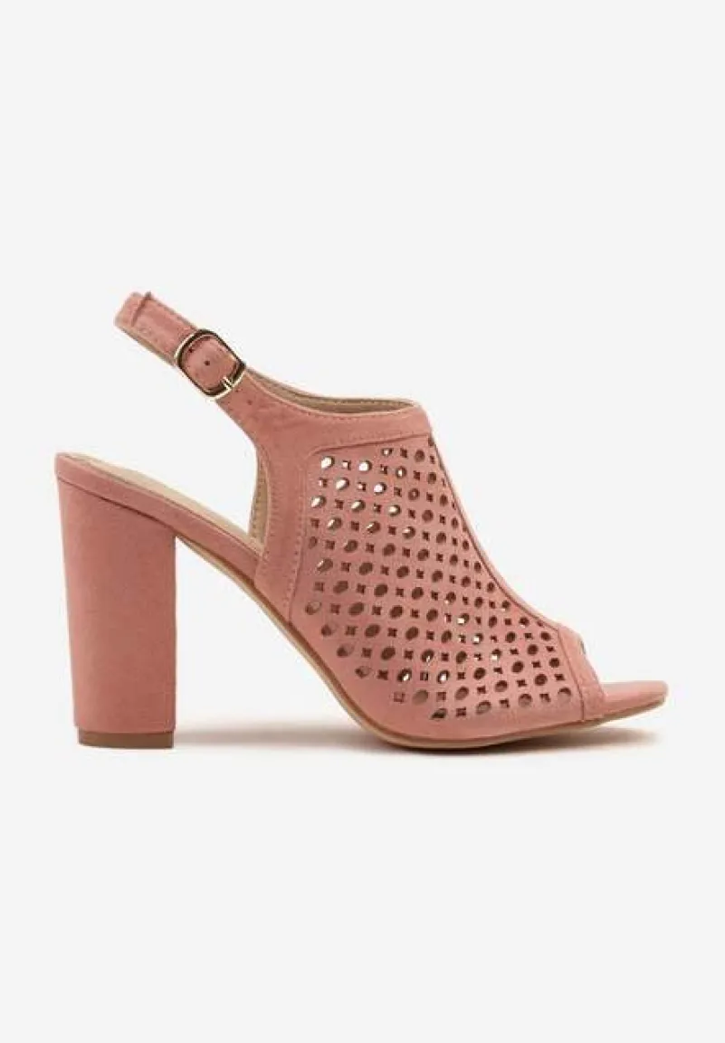 Różowe Sandały na Słupku z Ażurową Cholewką i Skórzaną Wkładką Linalira