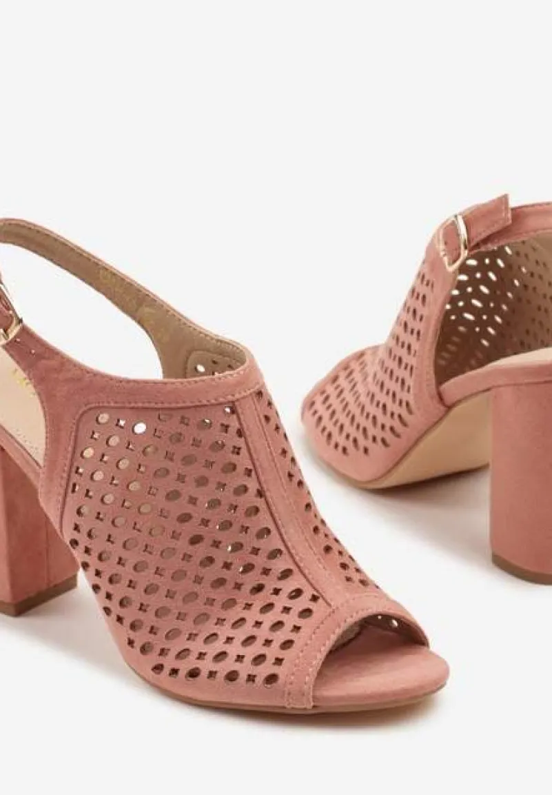 Różowe Sandały na Słupku z Ażurową Cholewką i Skórzaną Wkładką Linalira