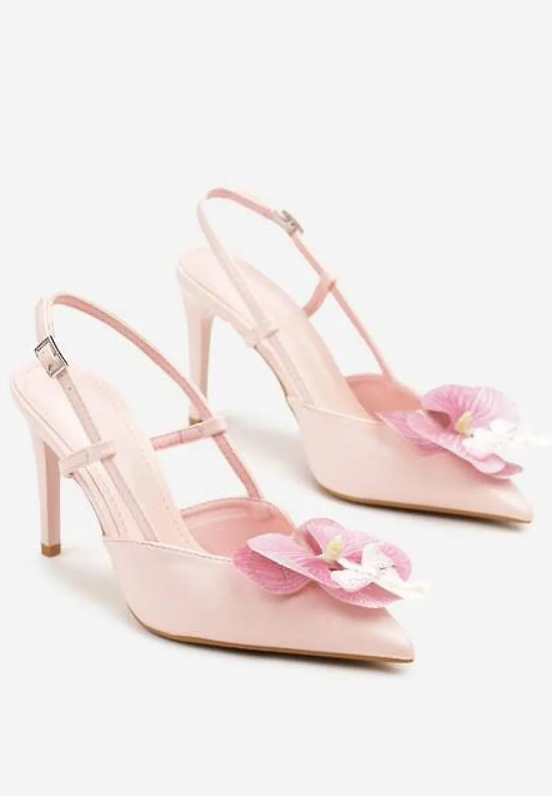 Różowe Sandały na Szpilce Vices Slingback z Kwiatem 3D Koviano