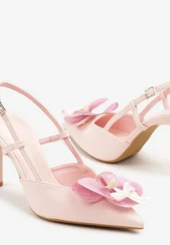 Różowe Sandały na Szpilce Vices Slingback z Kwiatem 3D Koviano