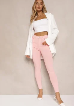 Różowe Skinny Jeansy z Bawełną High Waist Lorie