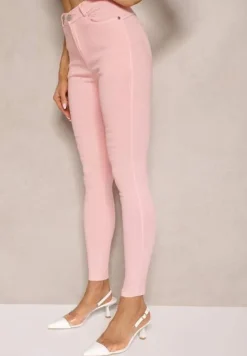 Różowe Skinny Jeansy z Bawełną High Waist Lorie