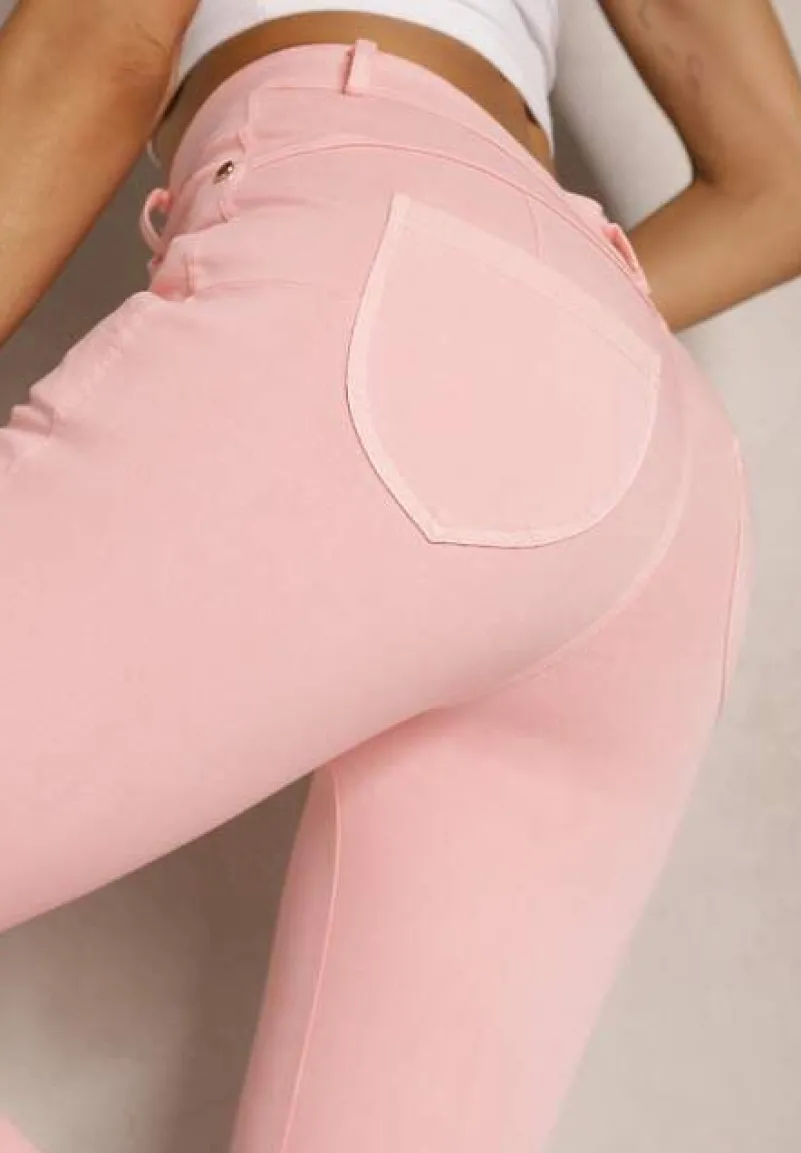 Różowe Skinny Jeansy z Bawełną High Waist Lorie