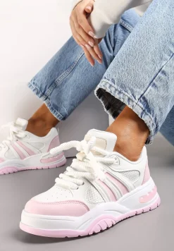 Różowe Sneakersy na Grubej Podeszwie z Brokatem Lenema