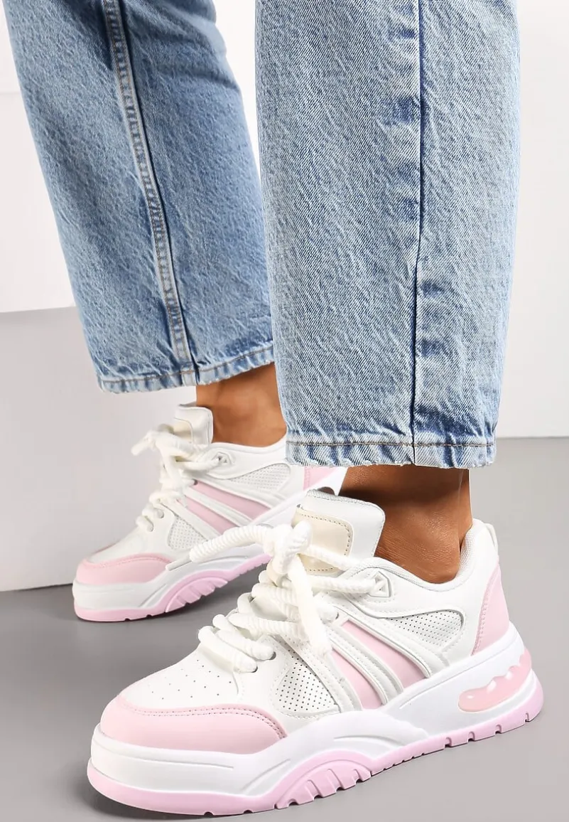 Różowe Sneakersy na Grubej Podeszwie z Brokatem Lenema