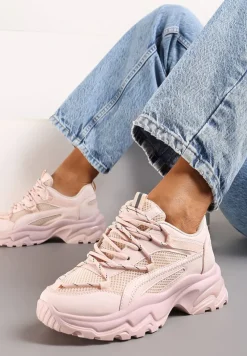 Różowe Sneakersy na Masywnej Podeszwie z Siateczkowym Wstawkami i Ozdobnymi Sznurówkami Ollavia